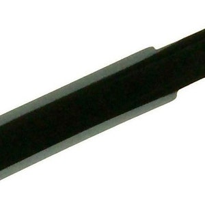 May include: A black metal chisel with a silver edge and a flat, rectangular shape. The chisel has a beveled cutting edge and a handle-like end. It is designed for woodworking and carving.