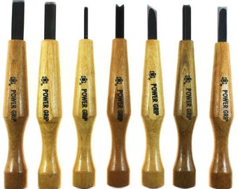 Mikisyo Power Grip 7-delige set houtsnijwerk linkshandige gutsen en beitels houtsnijwerkset, met rode beukenhouten handgrepen, voor houtbewerking