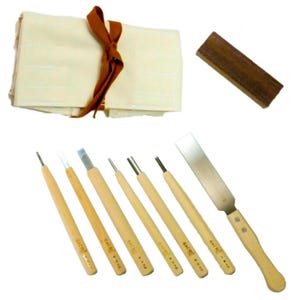 Michihamono Mio Hashimoto Japanese Wood Carving Chisels & Gouges Tools Set, with Ryoba Saw and Walnut Woodblock, for Woodworking