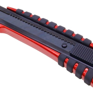 May include: A red and black utility knife with a retractable blade. The knife has a black blade, a red handle, and black rubber grips for a secure hold. The blade is approximately 6 inches long.