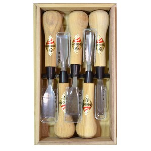 Juego de 5 cinceles y gubias para tallar madera japonesa Michihamono Woody, con mango ergonómico de nogal y hoja de acero de alta velocidad.