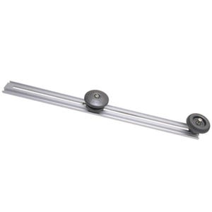 May include: A silver metal straight edge with two black circular rolling guides. The straight edge has two parallel grooves running its length. The rolling guides are positioned at each end of the straight edge.