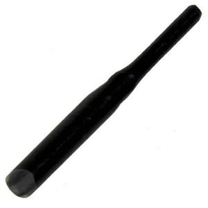 May include: A black metal pin punch tool. It has a cylindrical body with a tapered midsection. One end has a flat, rounded tip, the other a wider, flat striking surface. Length approximately 10 cm.
