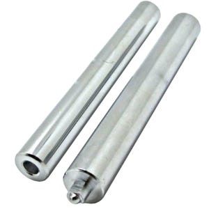 May include: Two silver metal rods, one with a rounded end and the other with a pointed end.