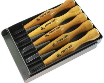 Mikisyo Power Grip Woodcarving 5-Piece Set Left Handed Gouges & Chisels Wood Carving Tool Kit, with Red Beech Wood Handles, for Woodworking