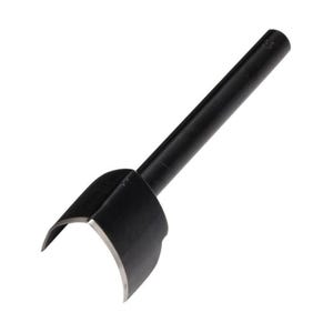 May include: A black leathercraft tool with a curved blade and a long handle. The tool is designed for cutting leather and other materials. The blade is sharp and the handle provides a good grip.