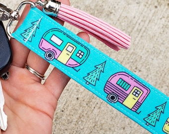 Happy Camper Keychain Wristlet | RV Accessories | Travel Trailer Keychain | Camper Gifts for Glampers | Camping Key Fob | Camper Lanyard