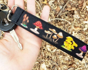 Mushroom Keychain Wristlet | Cottagecore Car Accessories | Cottage Core Nature Lover Gift | Boho Lanyard | Cute Wristlet Key Fob for Hippies