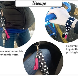 Peut inclure: Un bracelet noir et blanc avec un pompon rose. Le bracelet est port&eacute; au poignet et une cl&eacute; y est attach&eacute;e. Le texte "Keep your keys accessible and your hands warm!" est visible sur l'image.