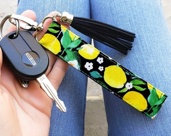 Lemon Keychain Wristlet | Lemon Floral Key Fob | Lemon Floral Lanyard for Keys | Keychains for Women | Wrist Lanyard | Unique Gift for Her