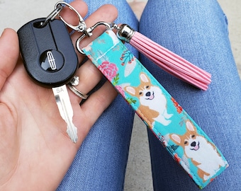 Corgi Keychain Wristlet | Corgi Gifts for Her | Corgi Mom | Cute Corgi Accessories | Corgi Key Fob | Corgi Floral Wristlet Lanyard for Keys