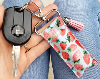 Strawberry Chapstick Holder Keychain | Strawberry Lip Balm Holder | Natural Chapstick Cozy | Car Accessories for Teen Stocking Stuffer