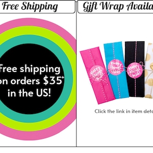 K&ouml;nnte beinhalten: Kostenloser Versand f&uuml;r Bestellungen &uuml;ber 35 $ in den USA. Geschenkverpackung ist verf&uuml;gbar. Das Bild zeigt vier Geschenkboxen, die in rosa, blau, schwarz und goldfarbenem Punktepapier verpackt sind. Jede Box hat einen rosa runden Aufkleber mit dem Text "Happy Things Inside!"