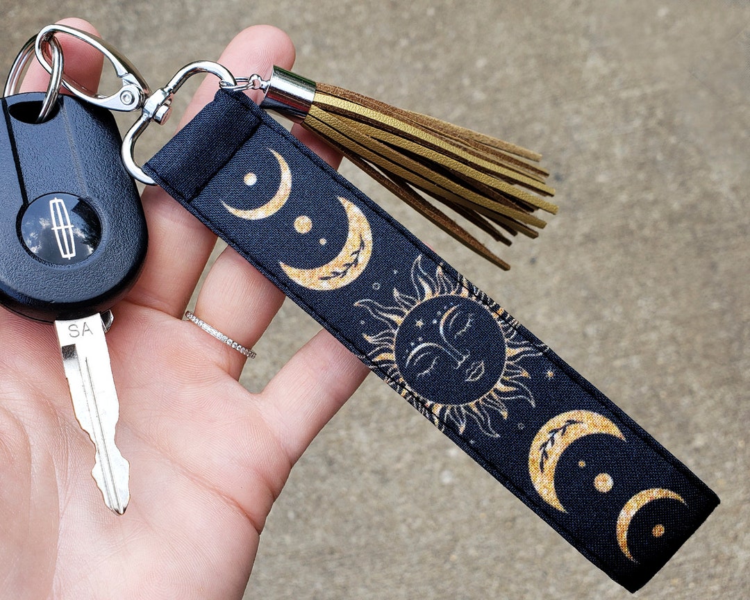 DQL Halloween Keychain Wristlet Strap Keychain Car Key Wristlet, Black Wrist Lanyard Boho Sun and Moon Hand Wrist Lanyard Keychain Holder (Black Sun)
