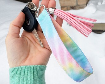 Tie Dye Keychain Wristlet | Pastel Lanyard | Gift for Teen Driver | Pastel Tie Dye Key Fob Wristlet | Pastel Goth | Tassel Keychain Bracelet