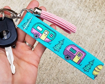 Happy Camper Keychain Wristlet | RV Accessories | Travel Trailer Keychain | Camper Gifts for Glampers | Camping Key Fob | Camper Lanyard