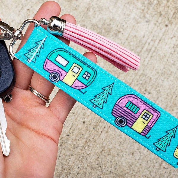 Happy Camper Keychain Wristlet | RV Accessories | Travel Trailer Keychain | Camper Gifts for Glampers | Camping Key Fob | Camper Lanyard