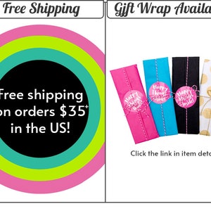 Peut inclure: Livraison gratuite pour les commandes de plus de 35 $ aux &Eacute;tats-Unis. Emballage cadeau disponible. L'image montre quatre bo&icirc;tes cadeaux emball&eacute;es dans du papier rose, bleu, noir et &agrave; pois dor&eacute;s. Chaque bo&icirc;te a un autocollant rond rose avec le texte "Happy Things Inside !"