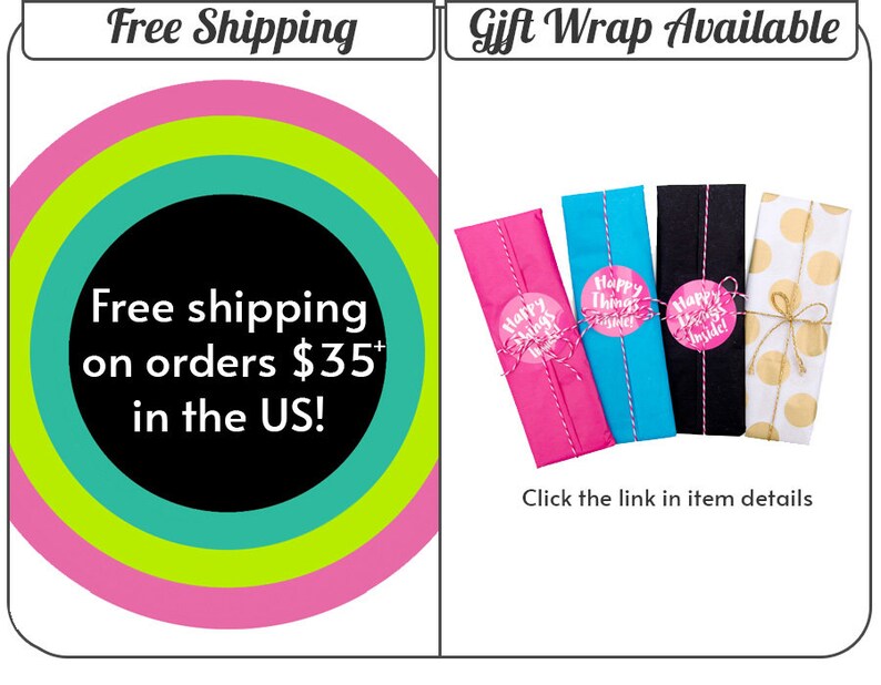 Peut inclure: Livraison gratuite pour les commandes de plus de 35 $ aux &Eacute;tats-Unis. Emballage cadeau disponible. L'image montre quatre bo&icirc;tes cadeaux emball&eacute;es dans du papier rose, bleu, noir et &agrave; pois dor&eacute;s. Chaque bo&icirc;te a un autocollant rond rose avec le texte "Happy Things Inside !"