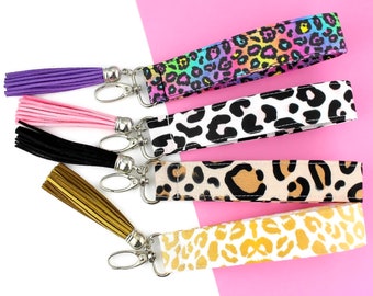 Cheetah Print Keychain | Sweet 16 Gift for Sister | Leopard Print Key Fob | Snow Leopard | Cheetah Key Fob Wristlet Keychain Tassel Keychain