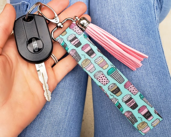 Polka Dot Key Fob Brown Fabric Keychain Pink Orange 