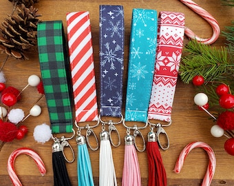 Christmas Keychain Wristlet | Keychain Bracelet Gift for Her | Holiday Lanyard for Keys | Keychain with Tassel | Snowflake Key Fob for Women