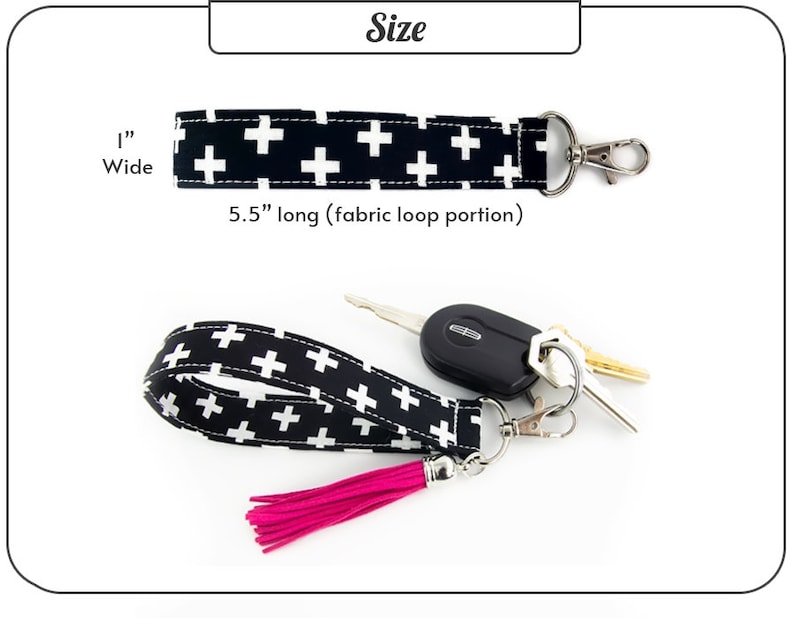 Peut inclure: Porte-cl&eacute;s en tissu noir et blanc avec un pompon rose. Le porte-cl&eacute;s mesure 5,5 pouces de long et 1 pouce de large. Le tissu pr&eacute;sente un motif r&eacute;p&eacute;titif de croix blanches sur fond noir.