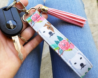 Pitbull Keychain Wristlet | Pitbull Gifts | Pit Bull Lanyard for Keys | Pitbull Floral Key Fob | Pitbull Mom | Pit Bull Floral Key Chain