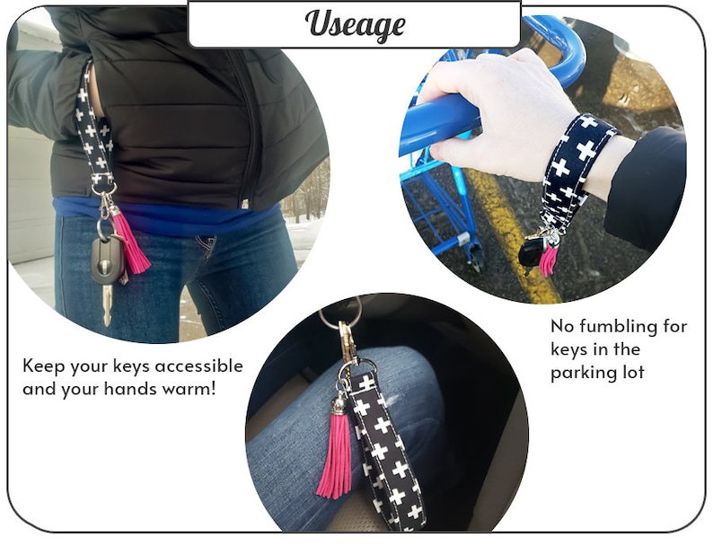 K&ouml;nnte beinhalten: Ein schwarz-wei&szlig;es Armband mit einem rosa Quastenanh&auml;nger. Das Armband wird am Handgelenk getragen und hat einen Schl&uuml;ssel daran befestigt. Der Text "Keep your keys accessible and your hands warm!" ist auf dem Bild zu sehen.