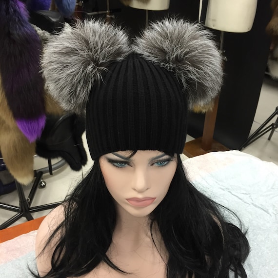Kylie Jenner Beanie hat with 2 natural silver fox fur bobbles/pompoms