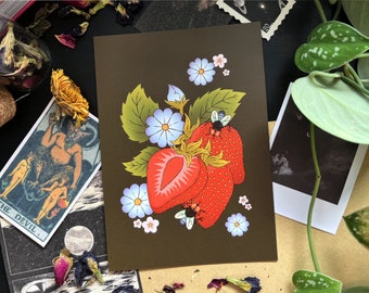 Rotten 4x6inch Postcard | Alternative | Tattoo | Flash | Cottagecore | Fruit | Strawberry | Digital Art Print