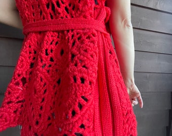 Crochet-knit wool blend oversized cardigan red