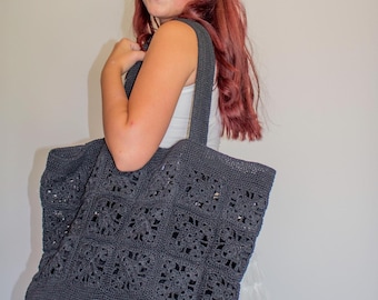 Bolso de playa de crochet, bolso de viaje, bolso de compras, negro