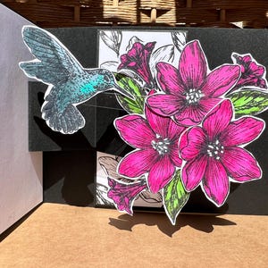 Pop up slider card, happy anniversary pop up card, humming bird pop up card, floral pop up card