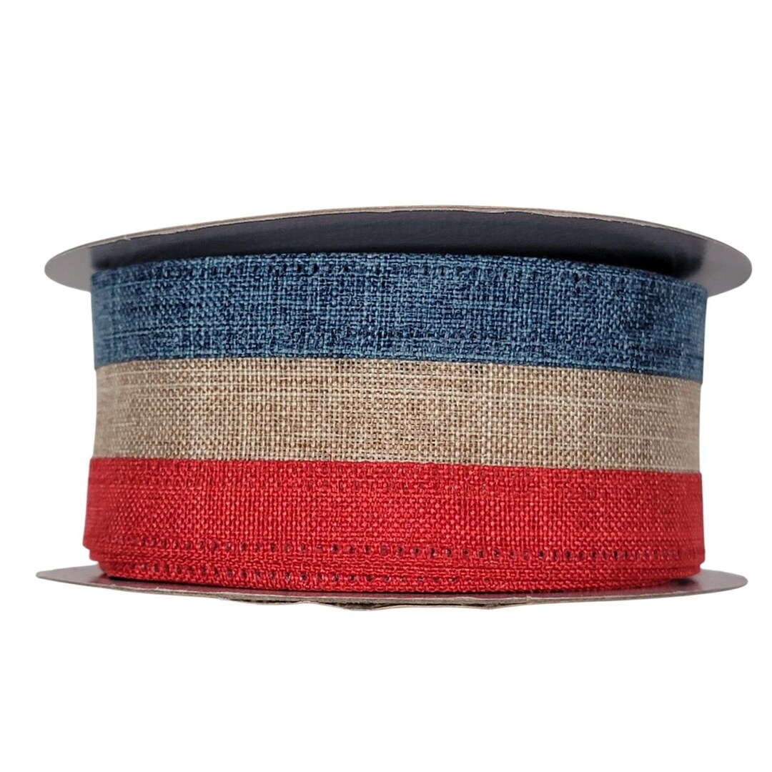 Roberts Ribbons Robert Stanley Wired Ribbon Red Blue Beige Stripe 1.5