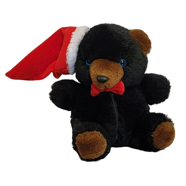 Ben Bridge Benny Bear Plush 6.5" Santa Hat VTG 1990 Zipper Tummy Black Christmas