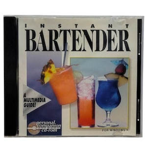 May include: A CD-ROM case with the title "INSTANT BARTENDER" in large black letters. The cover features illustrations of three colorful cocktails with fruit garnishes. Text on the case reads "A MULTIMEDIA GUIDE!" and "FOR WINDOWS™".