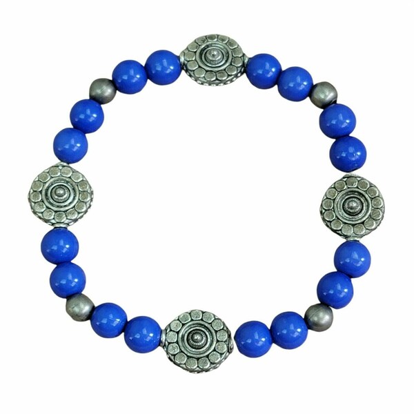 Blue Flower Beaded Bracelet Pewter-tone Handmade Stretch Boho Bohemian Gift