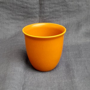 May include: A small, orange ceramic planter pot. The pot is smooth and has a rounded shape.