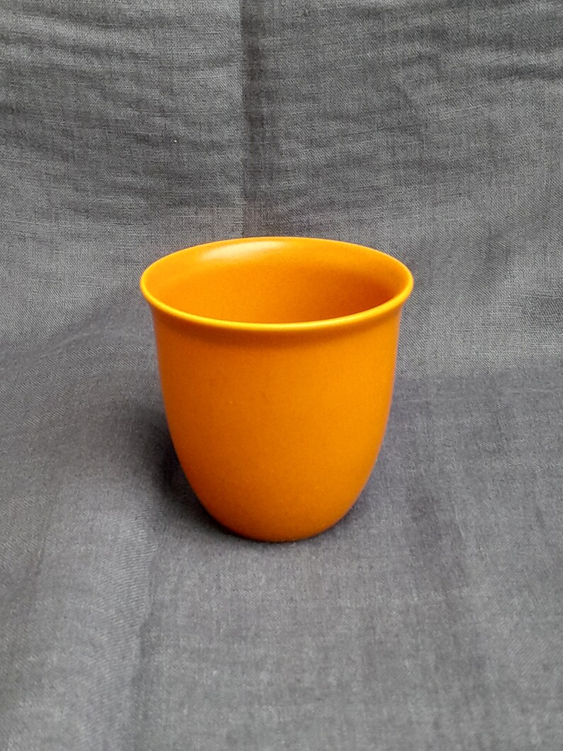 May include: A small, orange ceramic planter pot. The pot is smooth and has a rounded shape.