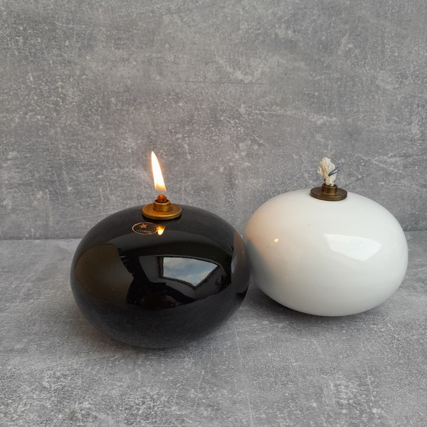 Vintage Höganäs Keramik Oil Lamps. Swedish Vintage Glazed Black stoneware, OLJELAMPA, stengods, "Aladdin", Anne Nilsson, Höganäs.