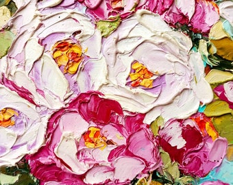 Original Impasto Peony Oil Painting: Pink Floral Art, 6x6