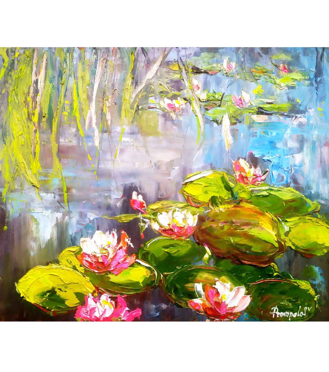 Lotus Flower Painting Water Lily Original Art Impasto Painting Floral ...
