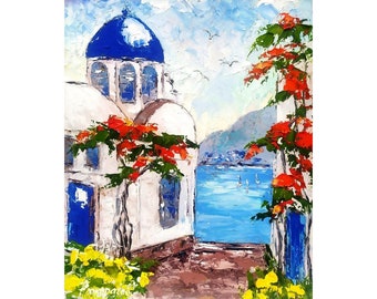 Santorini Sunset Painting: Greek Island Impasto Oil Art (12x10)