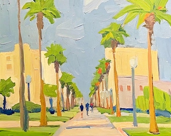 Los Angeles Oil Painting: Sunset Boulevard, Palm Trees, Impasto Art