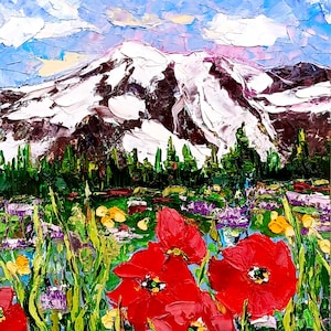 Mount Rainier Painting Washington Landscape Original Art Mountains Impasto Wall Decor for Home Travel Gifts by ArtProkopaloSv