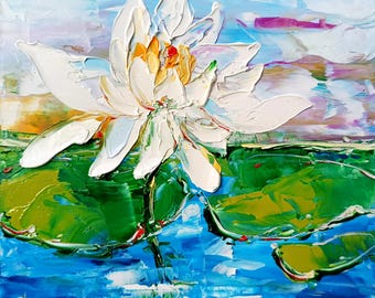 Water Lily Painting Original Art Impasto Painting Lotus Flower Floral Oil Artwork 10x10 inches Gift by ArtProkopaloSv