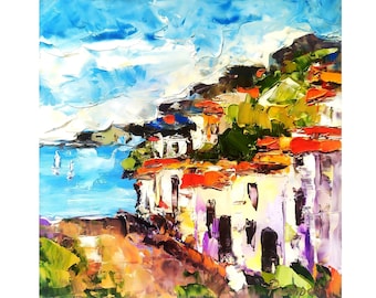 Positano Painting Italy Original Art Amalfi Coast Impasto Oil Painting Mountain Artwork 8 by 8" by ArtProkopaloSv