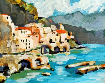 Positano Painting Italy Original Art Amalfi Coast Impasto Oil Painting Mountain Artwork by ArtProkopaloSv