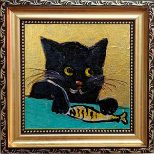 Mini painting a black cat and sardine painting framed 4x4 in Original Handmade painting Gift by ArtProkopaloSv